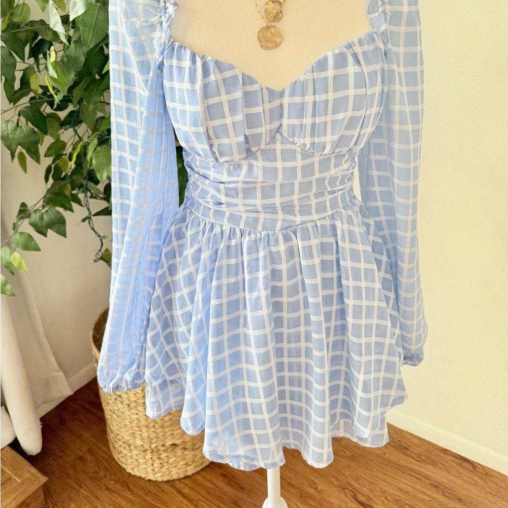 Light Blue Plaid Smocked Mini Romper, Size Small - Picture 8 of 11